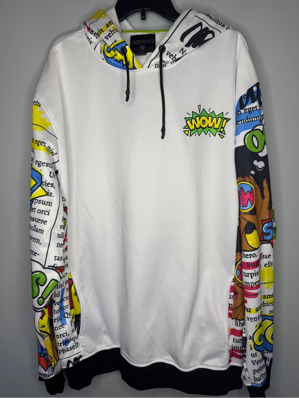 Encrypted 'WOW!' Graphic Hoodie with Comic Print Sleeves Size 5XL
